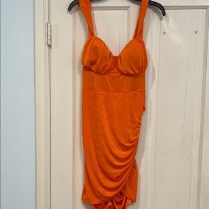 Bright Orange Ruched Tank Dress- padded cups- good material